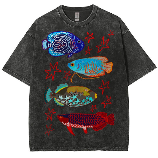 Unisex Colorful Cartoon Fish Washed Tee