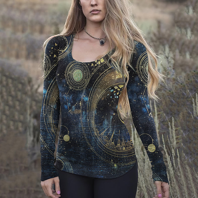 Western Tribal Geometry Print Round Neck Long Sleeve T-Shirt