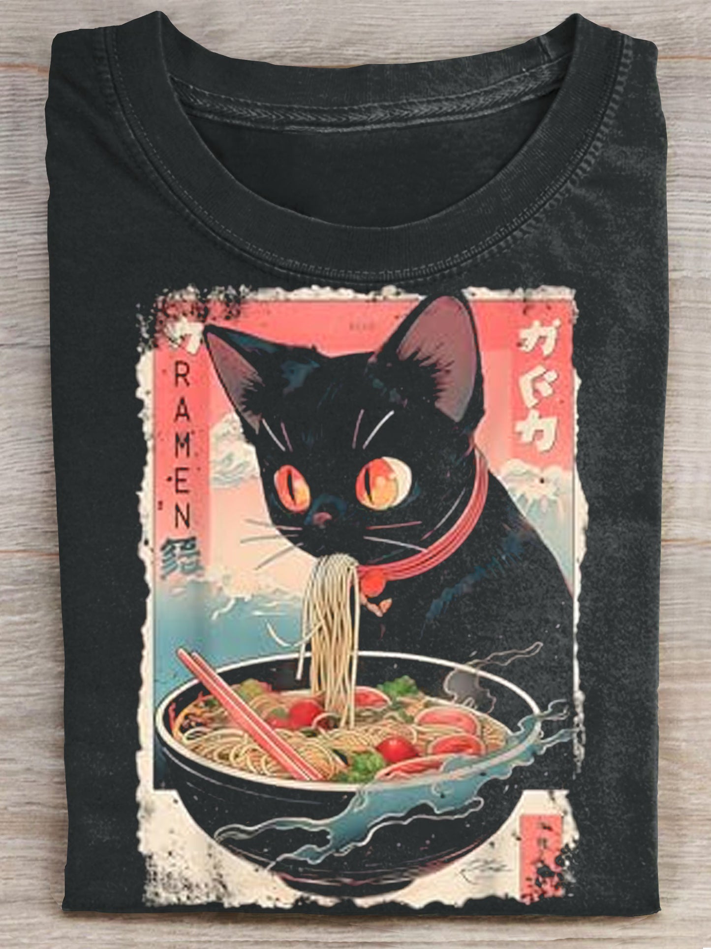 Anime Manga Kawaii Otaku Style Urban Streetwear Ramen Cat Art Print Casaul Short Sleeve T-shirt