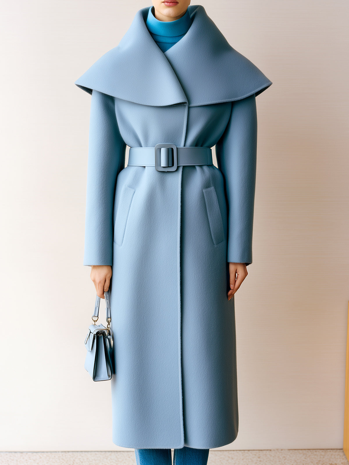 Taidalw Chic Vintage Light Blue Wool Blend Oversized Lapel Single Breasted Belted Long Coat