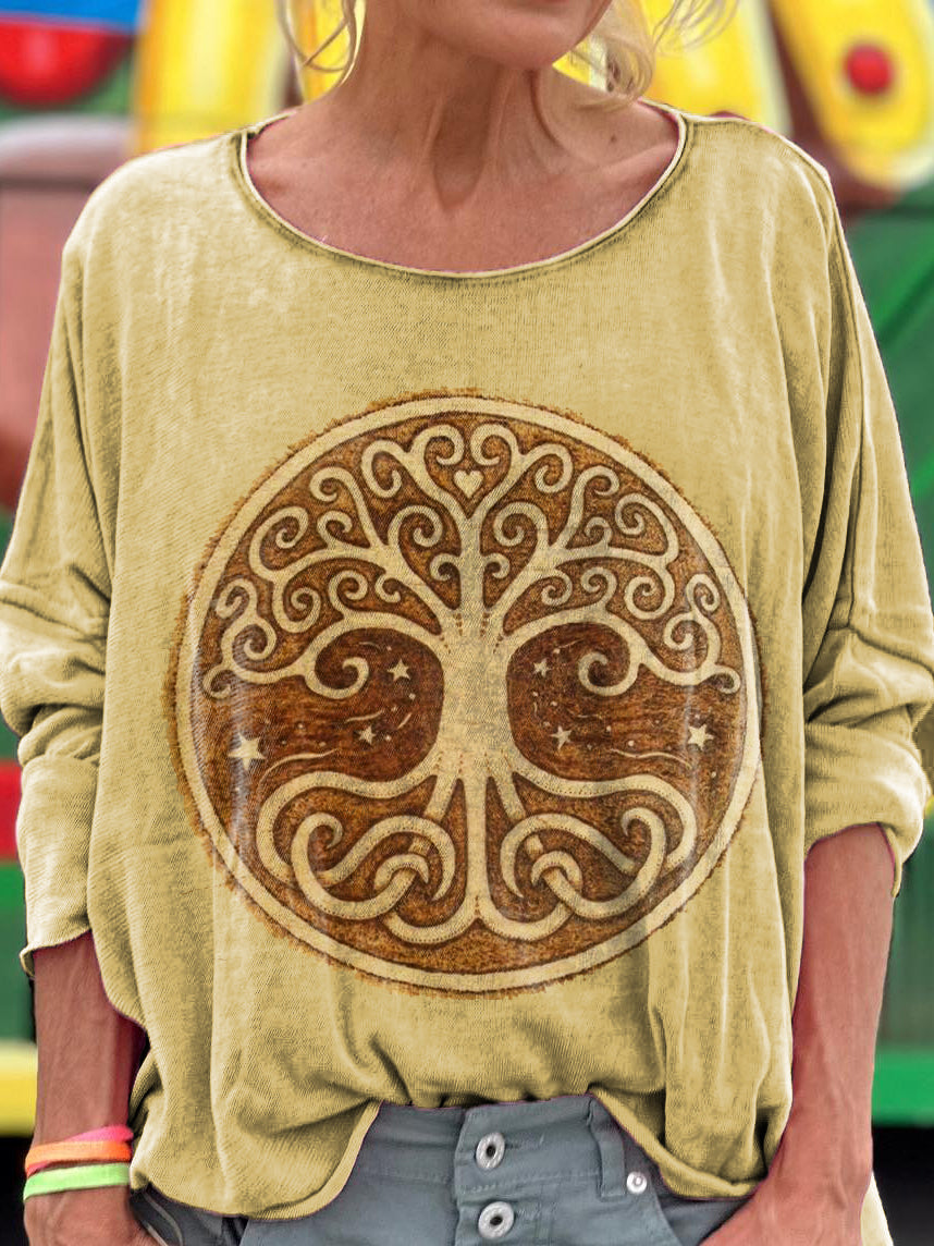 Women's Hippie Tree Art Print Casual Long Sleeve T-shirt