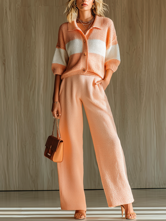 Taidalw Chic Casual Neon Peach Colorblock Lapel Collar Button-Front Short-Sleeve Loose Sweater Wide-Leg Pants Knit Two-Piece Set
