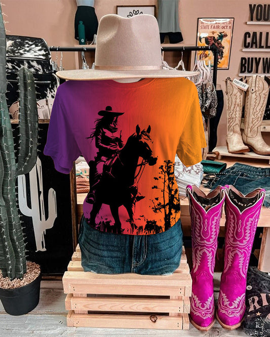 Barbie Cowgirl Gradient Crew Neck Short Sleeve T-shirt