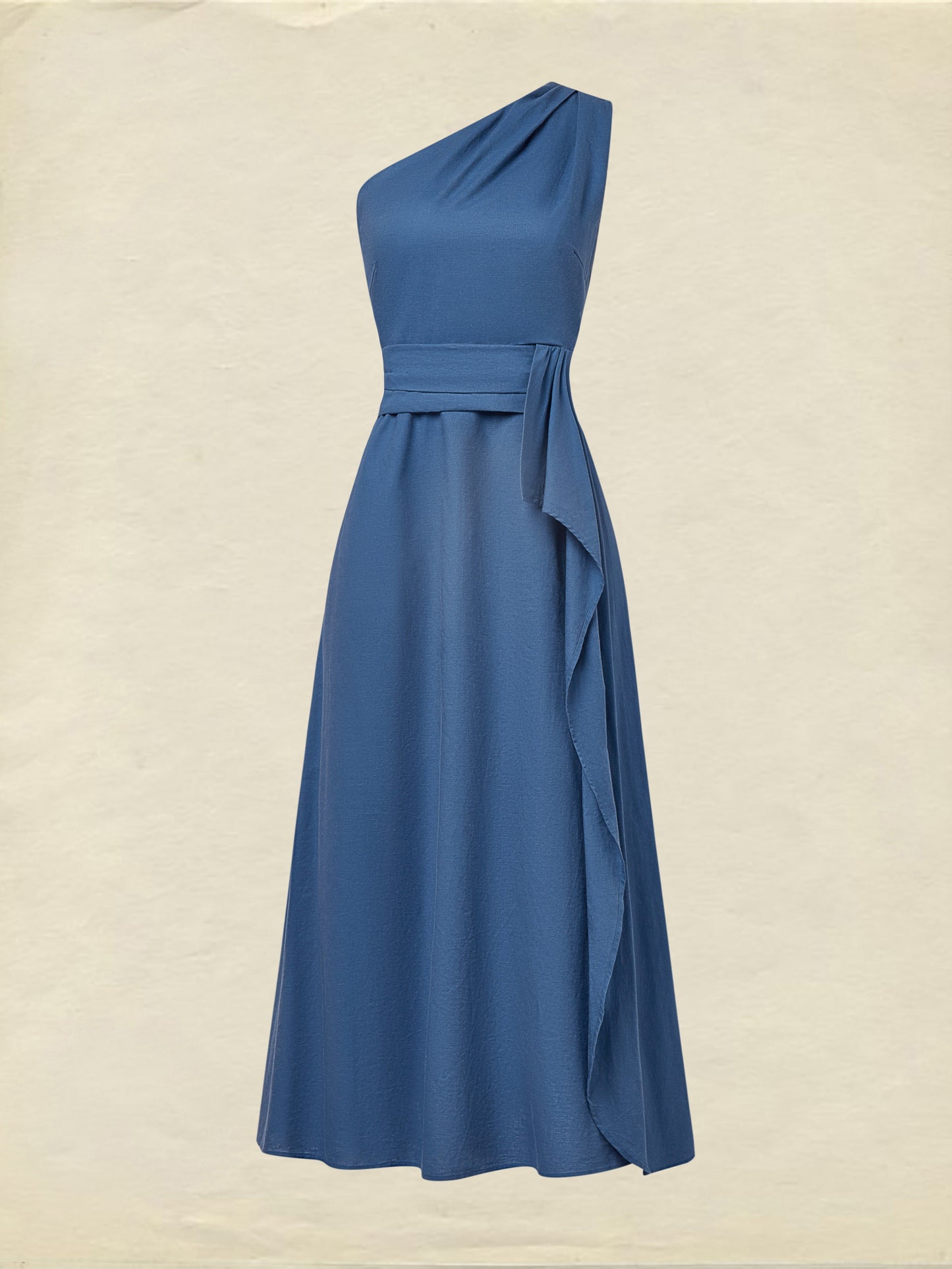Maxi Linen Dress , Sleeveless, One Shoulder, Plain, Belt Design, French Vintage, Royal Blue