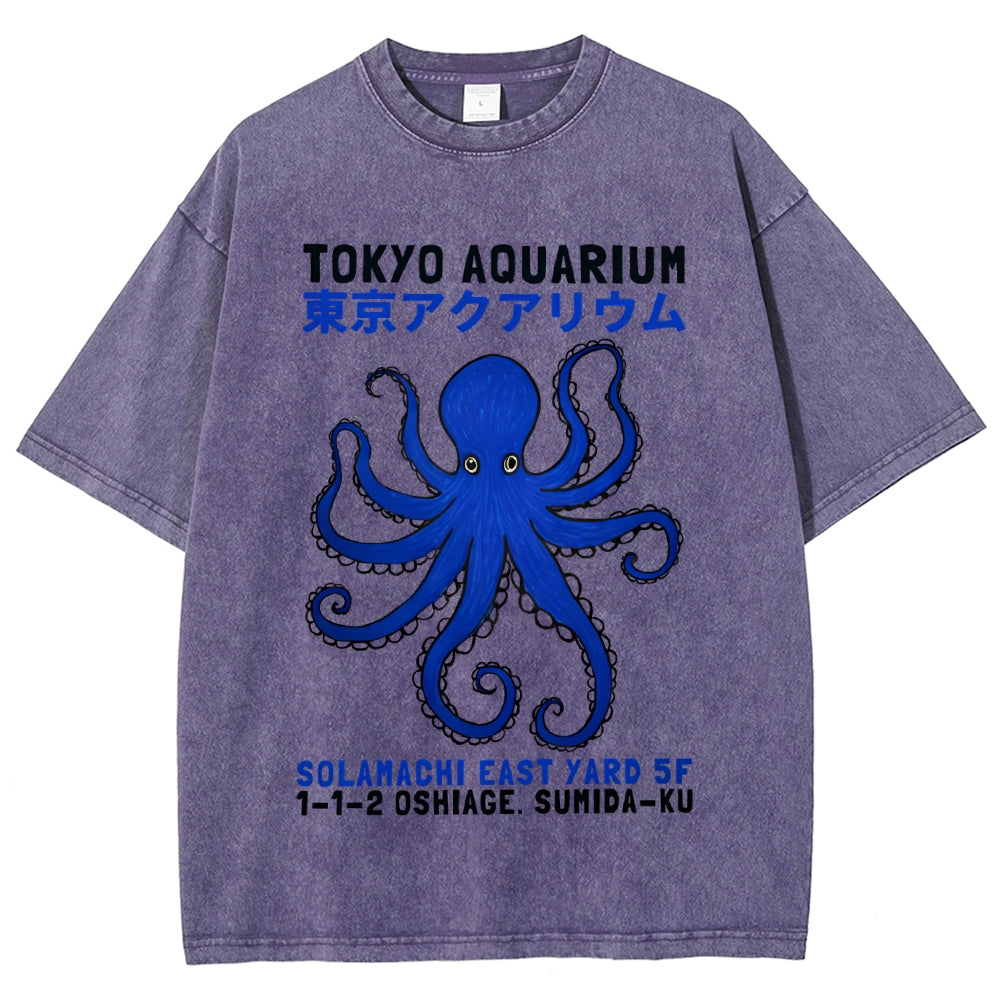 Unisex Japanese Style Octopus Printed Washed Tee