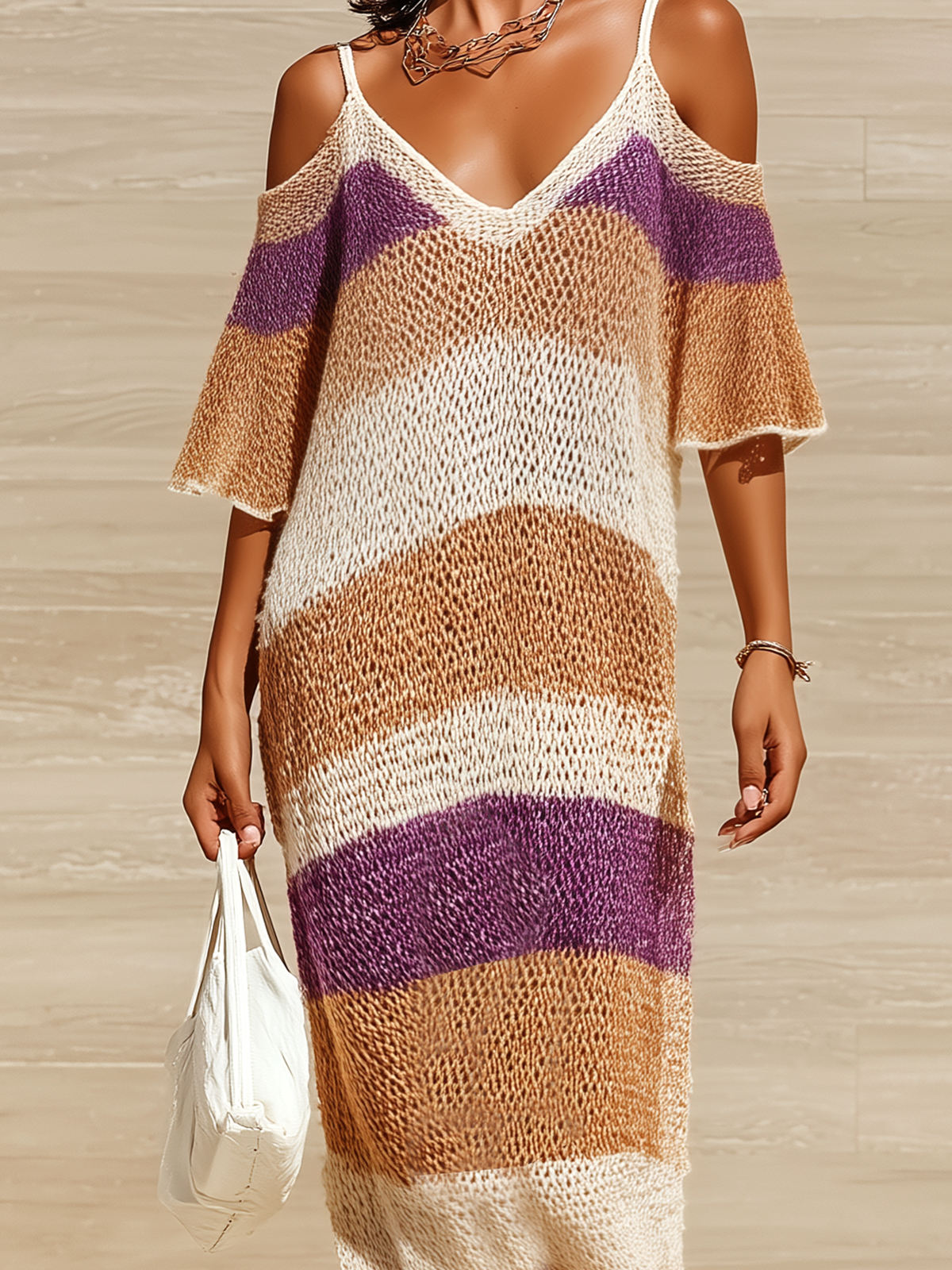Taidalw Chic Casual Colorful Striped Off-Shoulder V-Neck Short-Sleeve Loose Side Slit Ribbed Knit Maxi Dress