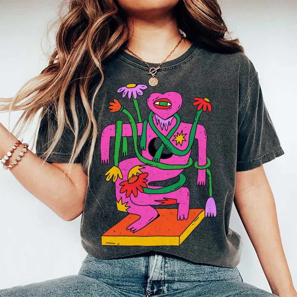 Unisex Abstract Art Flower Portrait Printed Washed Tee