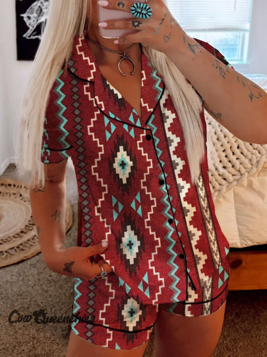 Vintage Aztec Print Casual Pajama Set