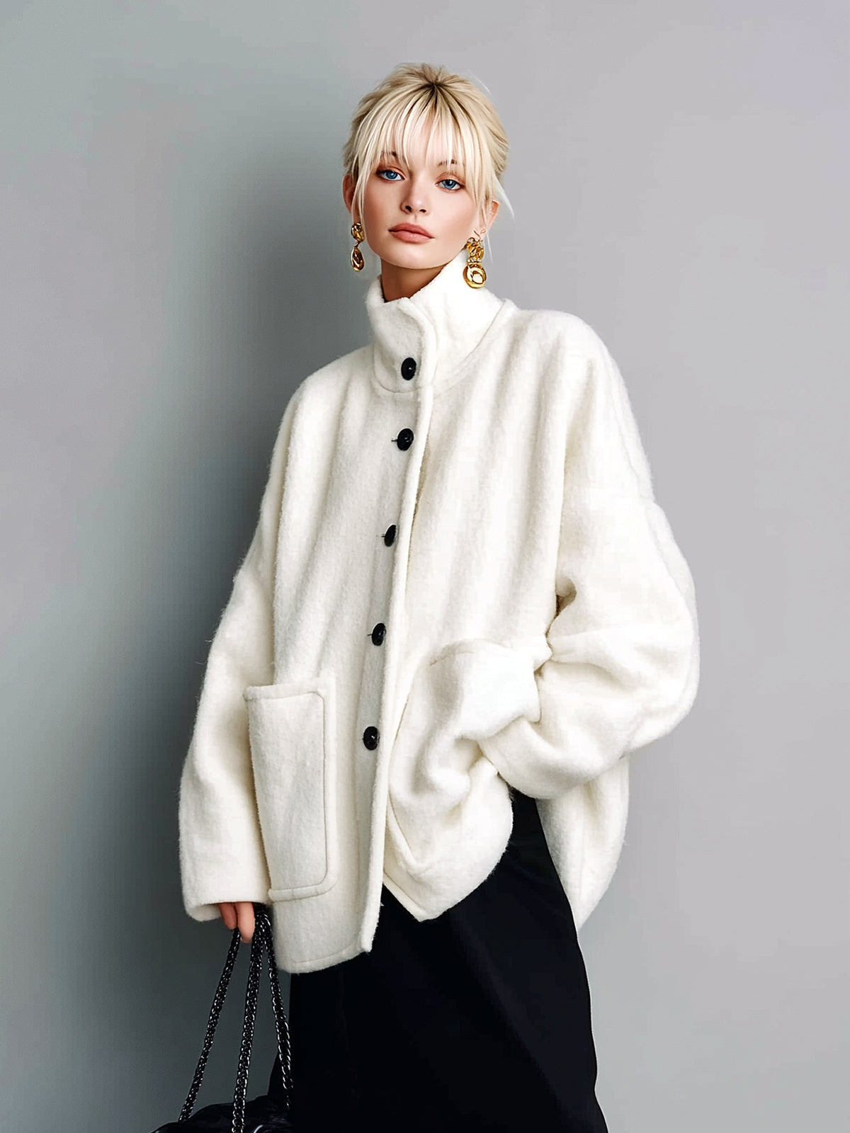 Taidalw Chic Vintage Cream White Wool Blend Stand Collar Single-Breasted Patch Pocket Slouchy Short Jacket