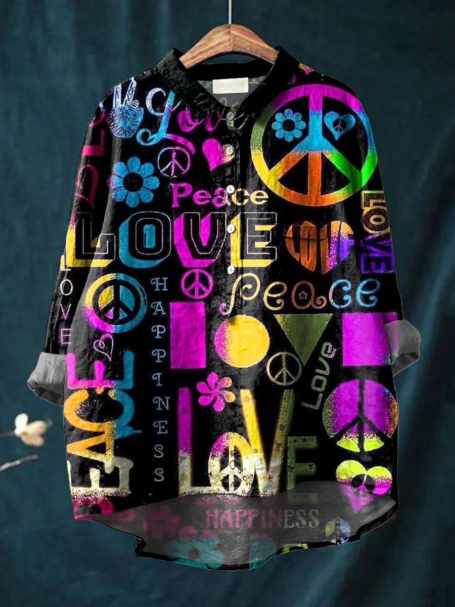 Vintage Peace And Love Art Print Casual Cotton And Linen Shirt