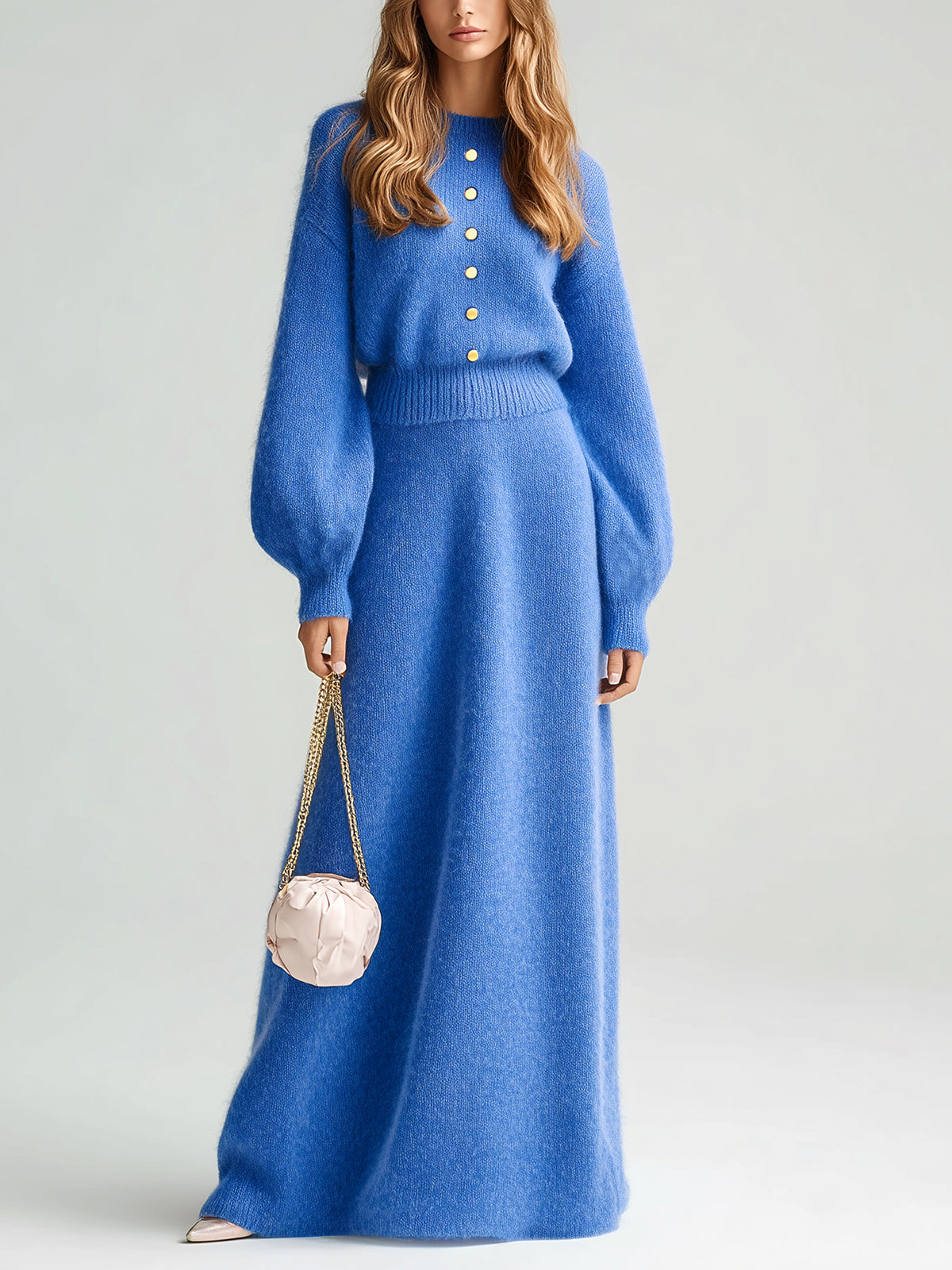 Taidalw Chic Vintage Royal Blue Round-Neck Button-Front Long Lantern Sleeve Sweater And A-line Maxi Skirt Knit Two-Piece Set