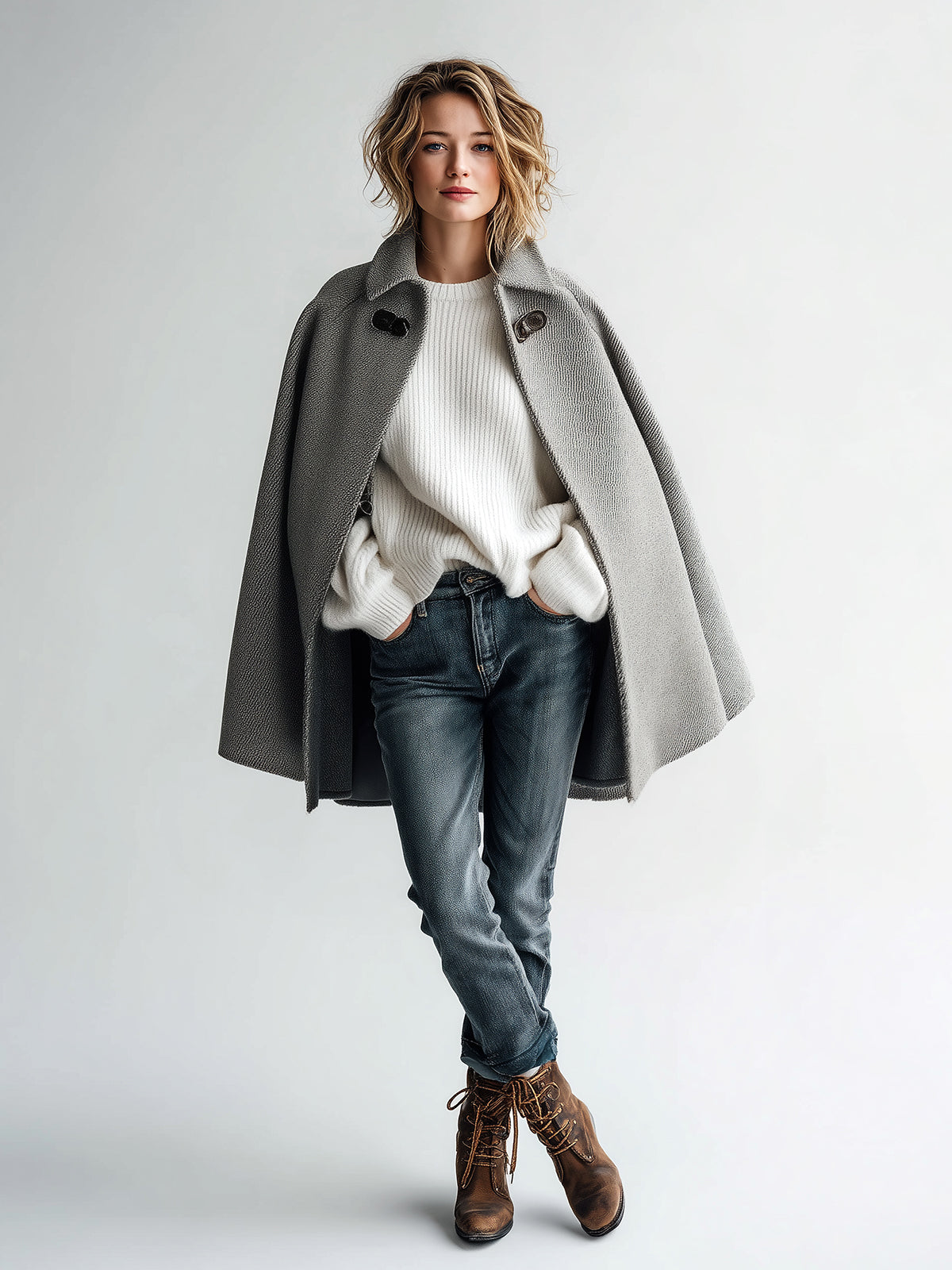 Taidalw Chic Vintage Gray Wool Blend Lapel Collar Single-Button Cape Coat