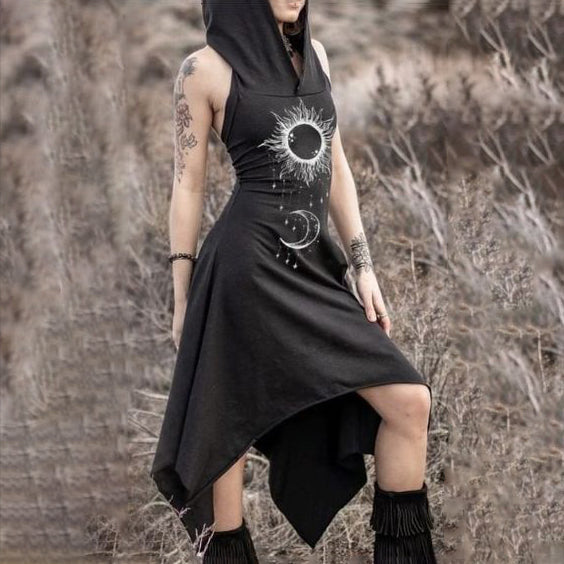 Tribal Sun Moon Totem Retro Sleeveless Hooded Midi Dress