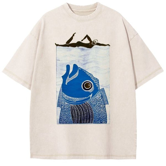 Unisex Jaws Fish Printed Washed Tee