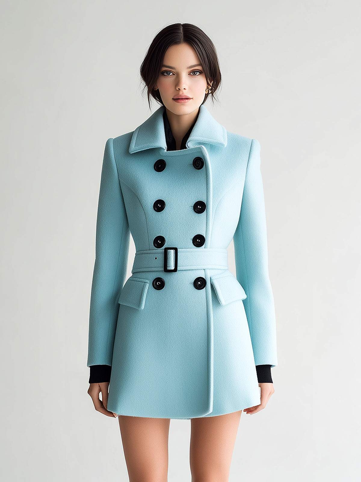 Taidalw Chic Vintage Ligh Blue Wool Blend Lapel Double-Breasted Belted Slim-Fit Peacoat