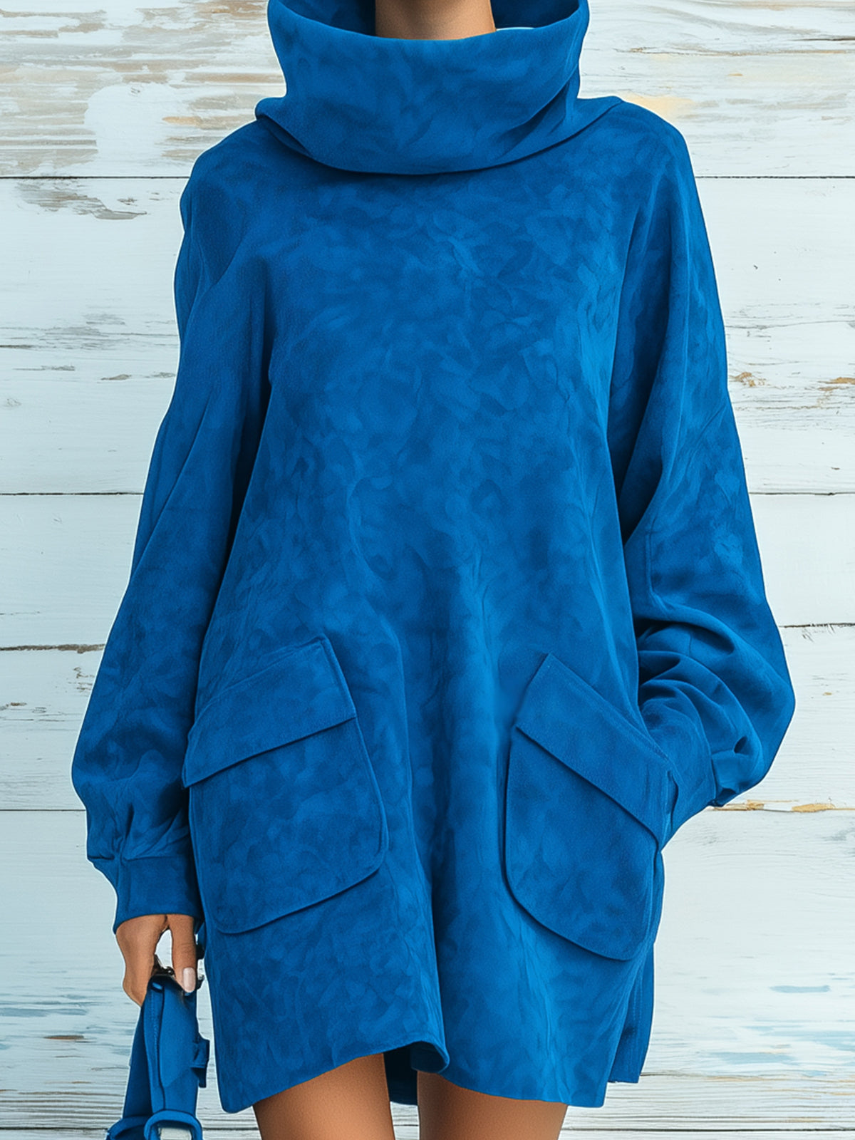 Taidalw Chic Elegant Royal Blue Faux Suede Oversized Turtleneck Long Lantern Sleeve Patch Pocket Mini Dress