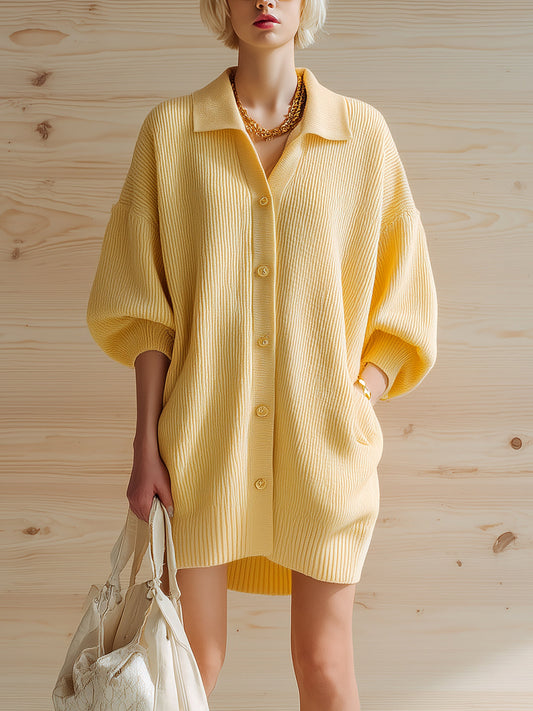 Taidalw Chic Vintage Yellow Lapel Single-Breasted Half-Sleeve Oversized Ribbed Knit Cardigan Dress
