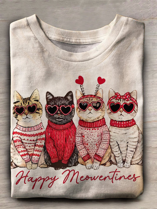 Valentine's Day Cat Print Casual Short Sleeve Top