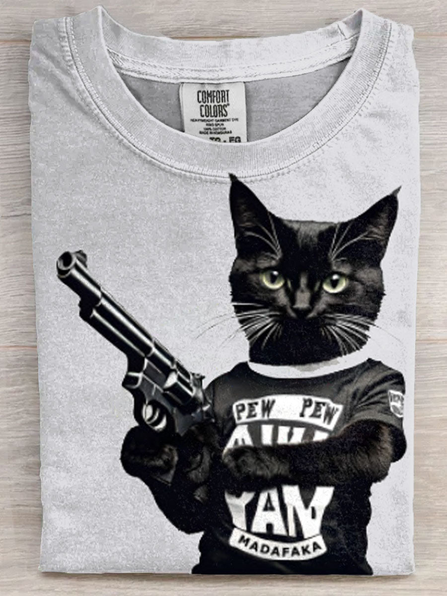 Crazy Cat Pew Pew Madafakas Vintage Funny Cat Art Print Casaul Short Sleeve T-shirt