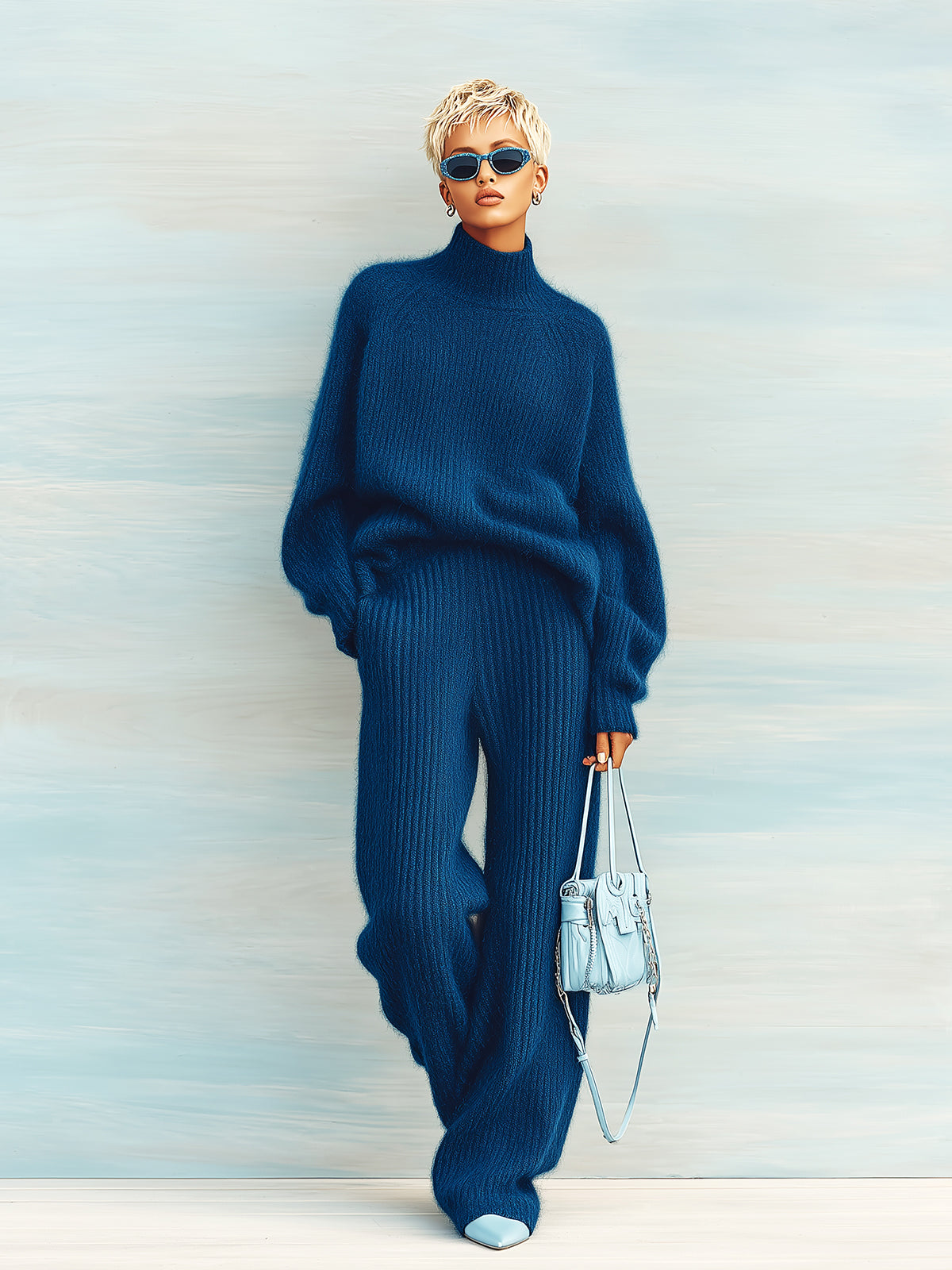 Taidalw Chic Vintage Navy Mock Neck Long Sleeve Oversized Sweater Wide-Leg Pants Fuzzy Ribbed Knit Two-Piece Set