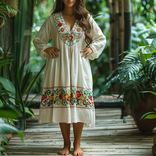 Women's Linen Retro Ethnic Bohemia Style Midi Dress