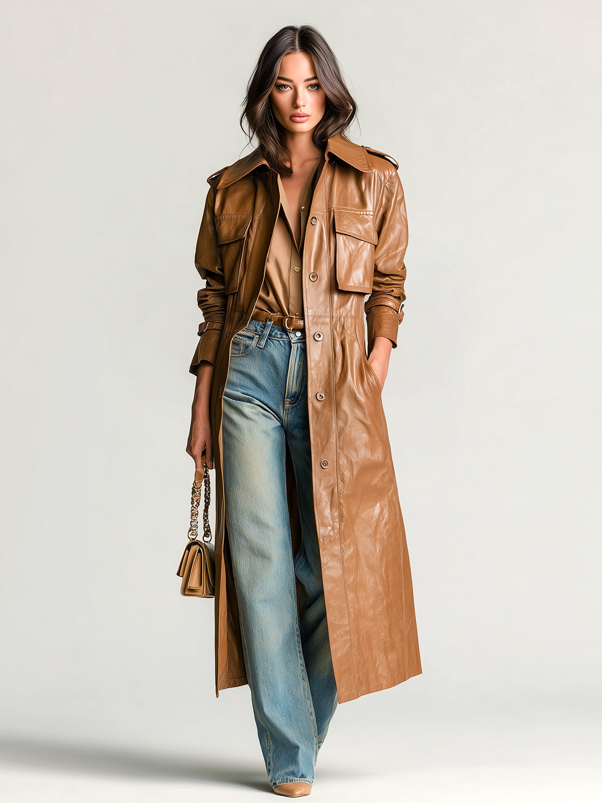 Taidalw Chic Vintage Camel Faux Leather Lapel Single-Breasted Multi-Pocket Long Trench Coat