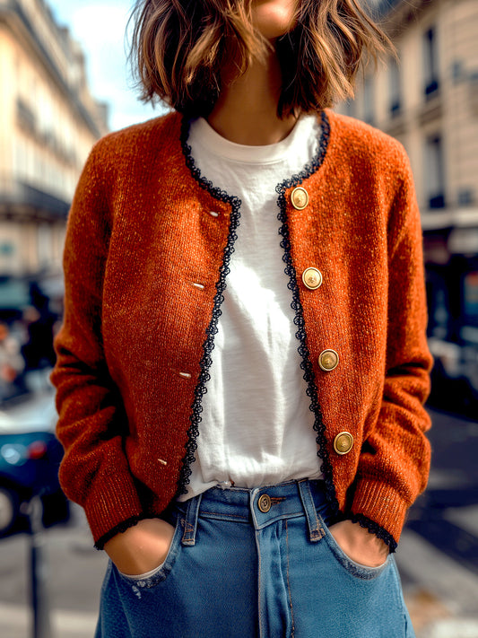 Taidalw Chic Casual Orange-Red Round Neck Gold Button-Front Contrast Lace Trim Cropped Knit Cardigan