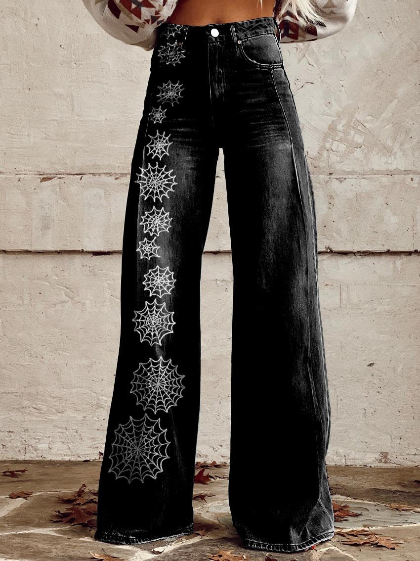 Women's Black Spider Web Print Casual Wide Leg Pants