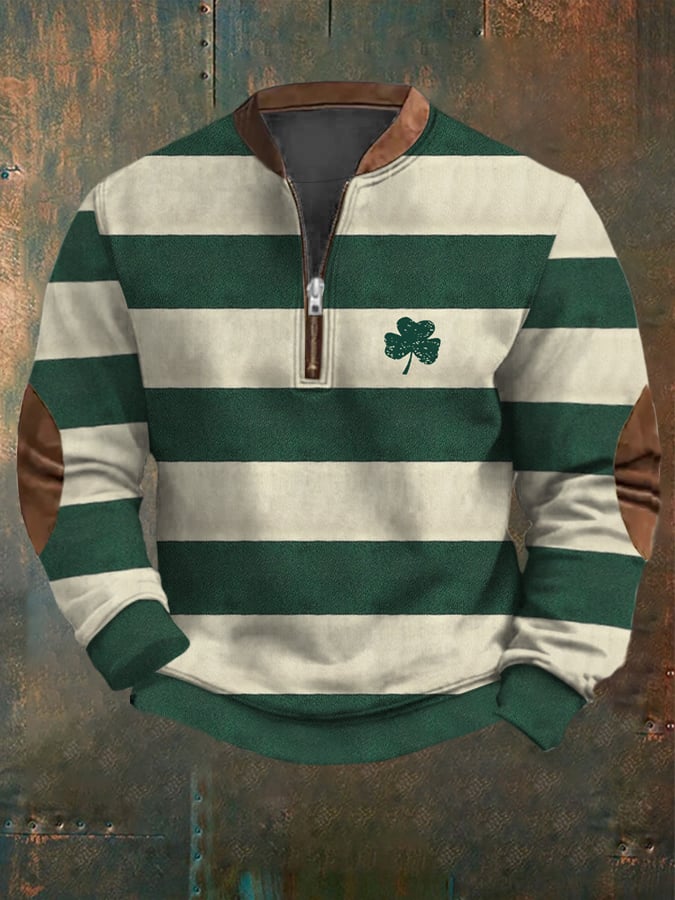 Men's St. Patrick's Day Striped Design Trefoil Art Print Zip Collar Sweatshirt