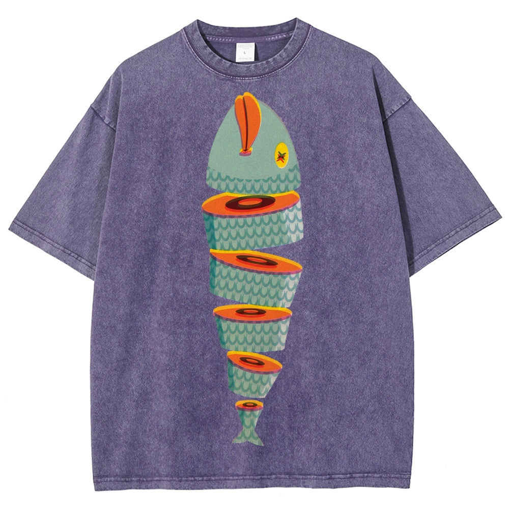 Unisex Fish Printed Washed Tee