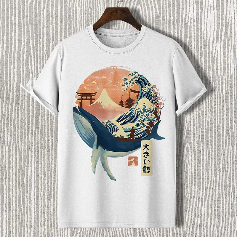 Whale Mount Fuji Ukiyoe Japanese Art Print Cotton Casual T-shirt