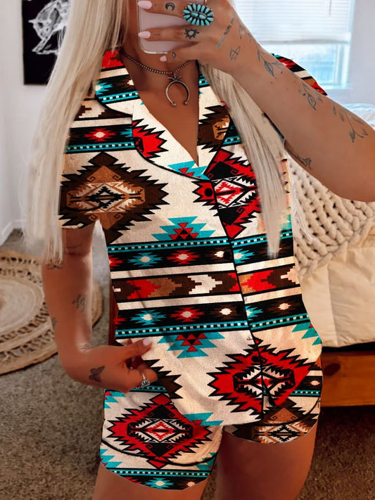 Vintage Aztec Print Casual Pajama Set