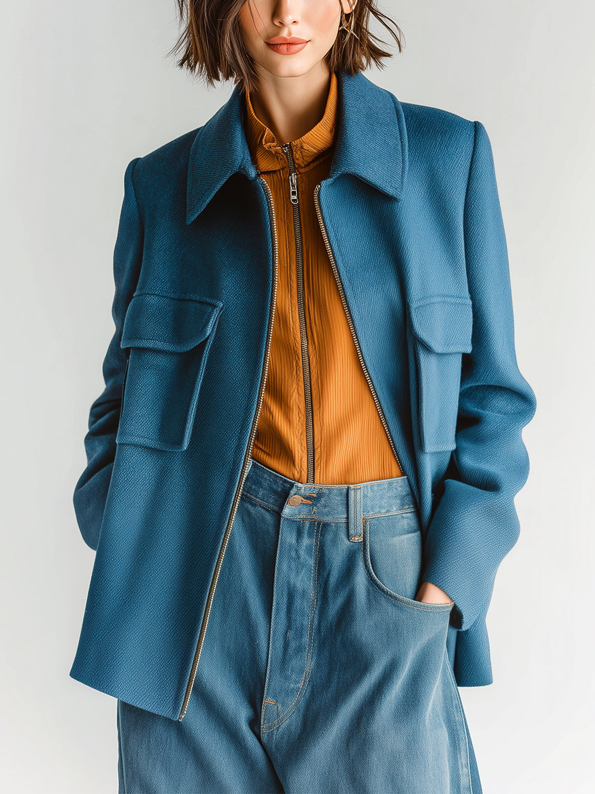 Taidalw Chic Vintage Dark Blue Twill Wool Blend Lapel Zipper-Front Flap Pocket Jacket