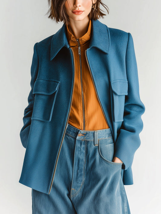 Taidalw Chic Vintage Dark Blue Twill Wool Blend Lapel Zipper-Front Flap Pocket Jacket