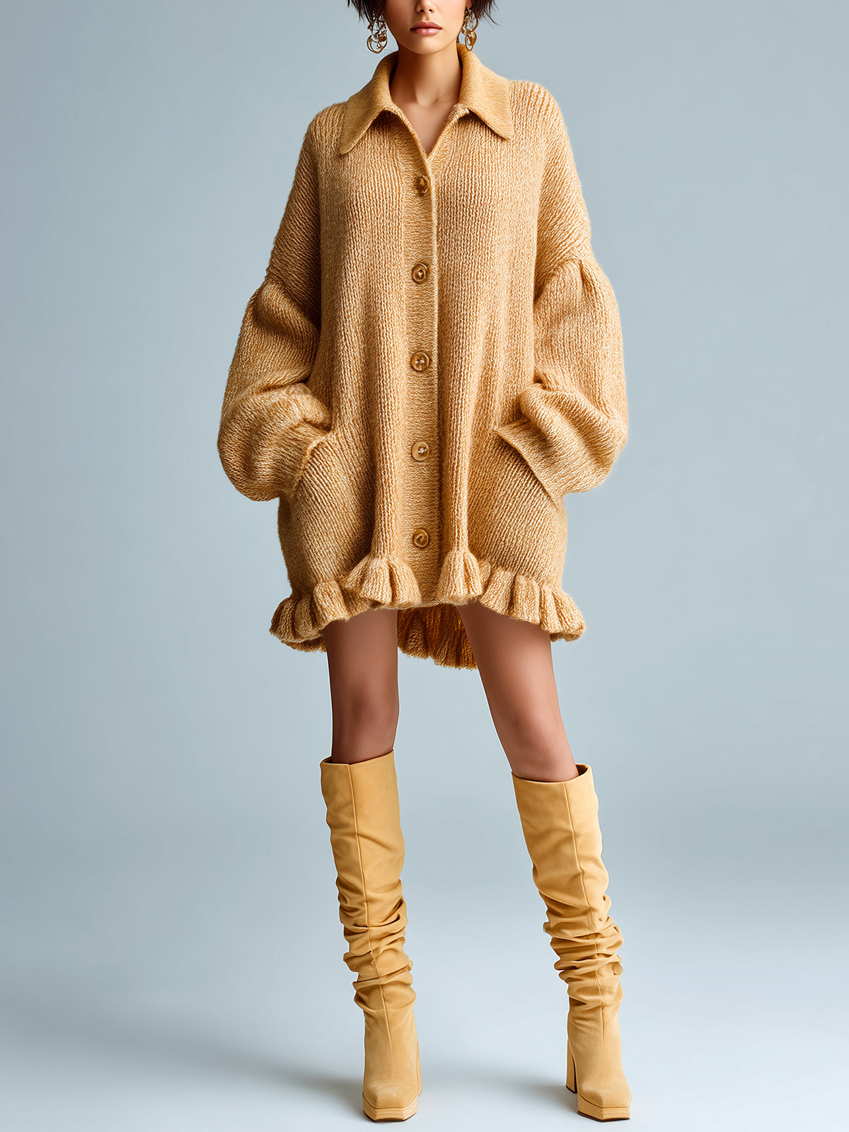 Taidalw Chic Casual Camel Lapel Single-Breasted Lantern Sleeve Ruffled Hem Slouchy Knit Cardigan