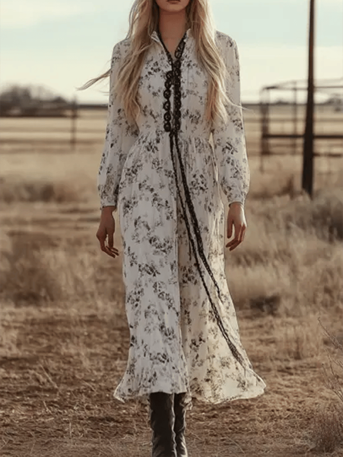 Ladies Vintage Lace Cream Floral Printed Western Style Long Sleeves Rustic Boho Dress