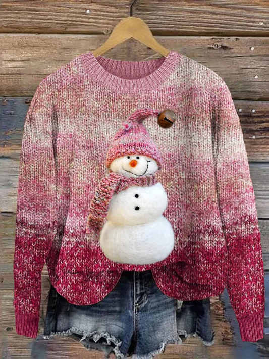 Women's Lovely Snowman Vintage Gradient Print Crew Neck Casual Knit Pullover