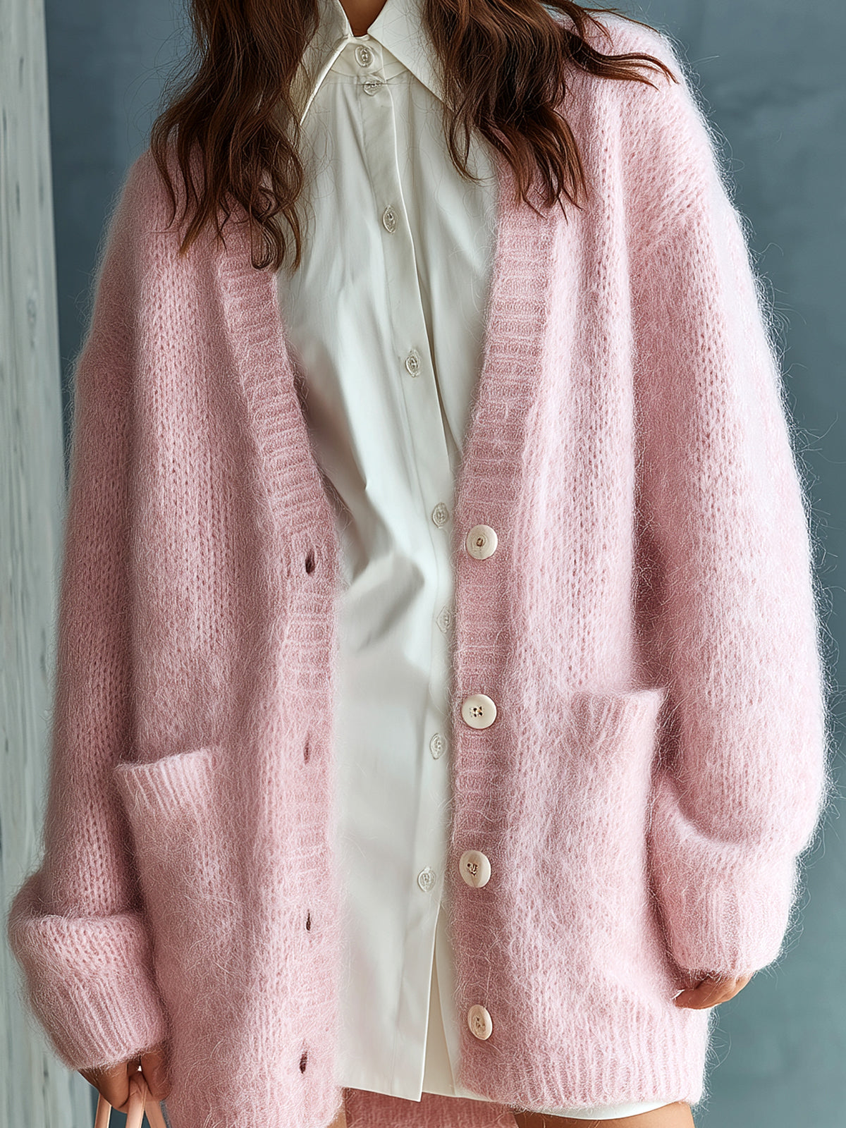 Taidalw Chic Elegant Pink V-Neck Single-Breasted Long Sleeve Patch Pocket Loose-Fit Fuzzy Mohair Knit Mid-Length Cardigan