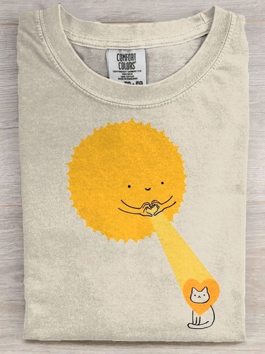 Sunshine Love Cat Art Print Casaul Short Sleeve T-shirt