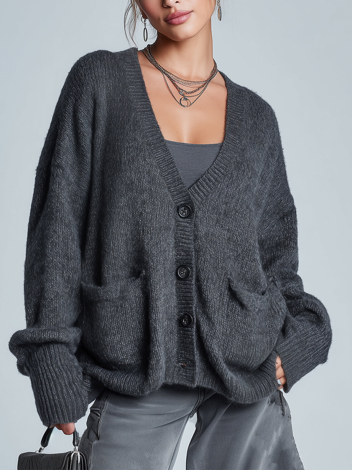Taidalw Chic Vintage Dark Gray V-Neck Single-Breasted Patch Pocket Oversized Knit Cardigan