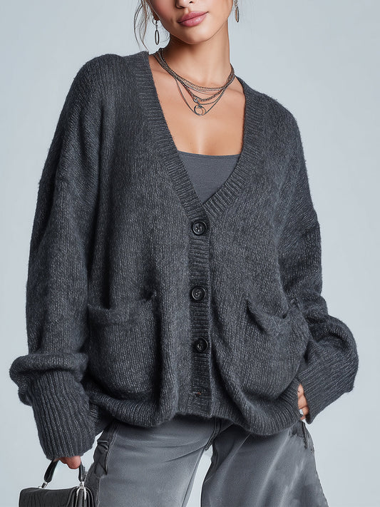 Taidalw Chic Vintage Dark Gray V-Neck Single-Breasted Patch Pocket Oversized Knit Cardigan