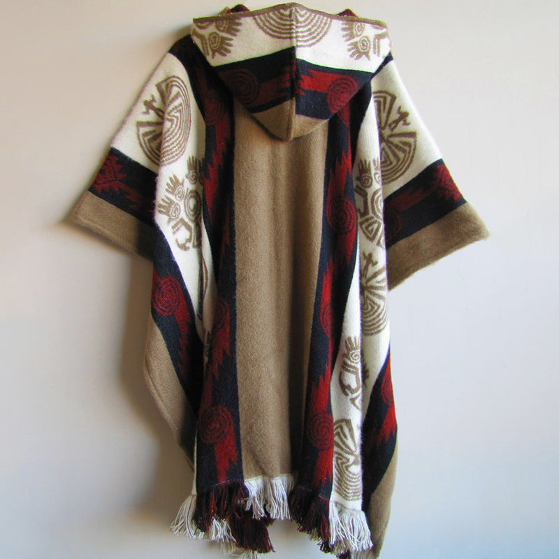 Ethnic Tribal Totem White Khaki Knitted Cape