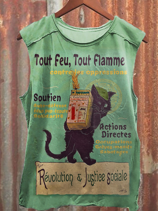 Burn with Love for Revolution Funny Cat Print 100% Cotton Casual Tank Top