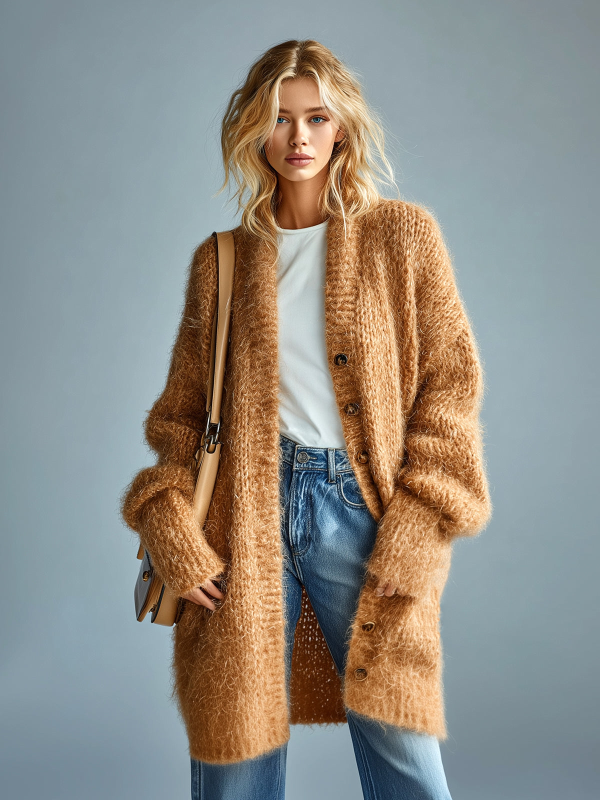 Taidalw Chic Vintage Khaki V-Neck Single-Breasted Long Sleeve Oversized Knit Mid-Length Cardigan