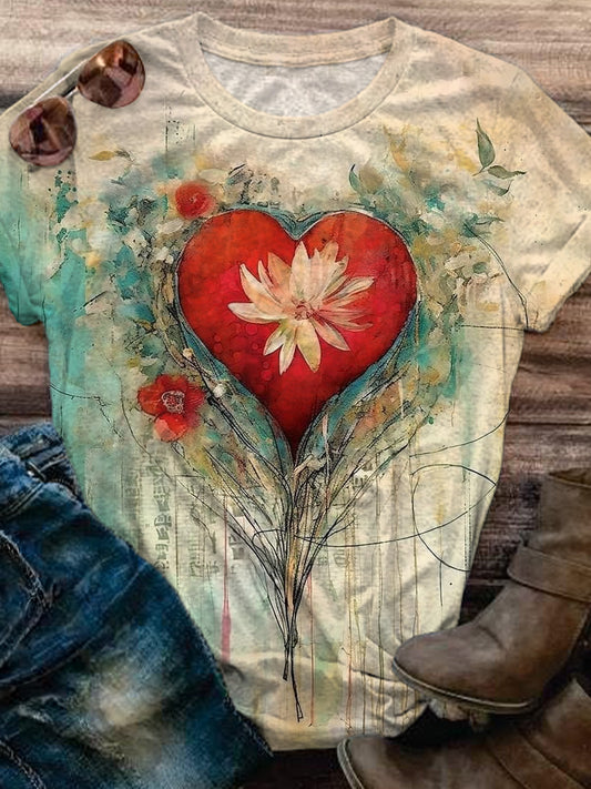 Women's Vintage Heart Watercolor Floral Pattern Print Crew Neck T-shirt