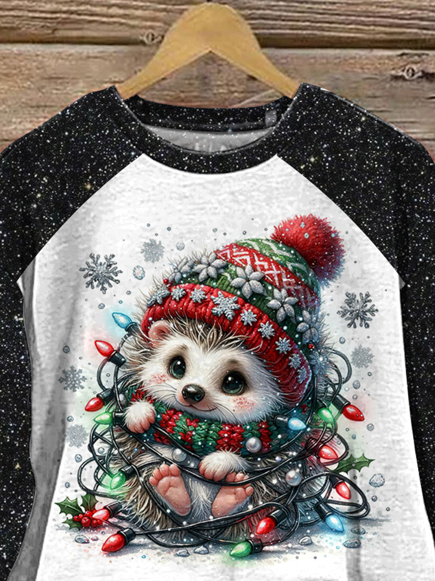 Christmas Season Hedgehog Graphic Printed Casual Sweatshirt