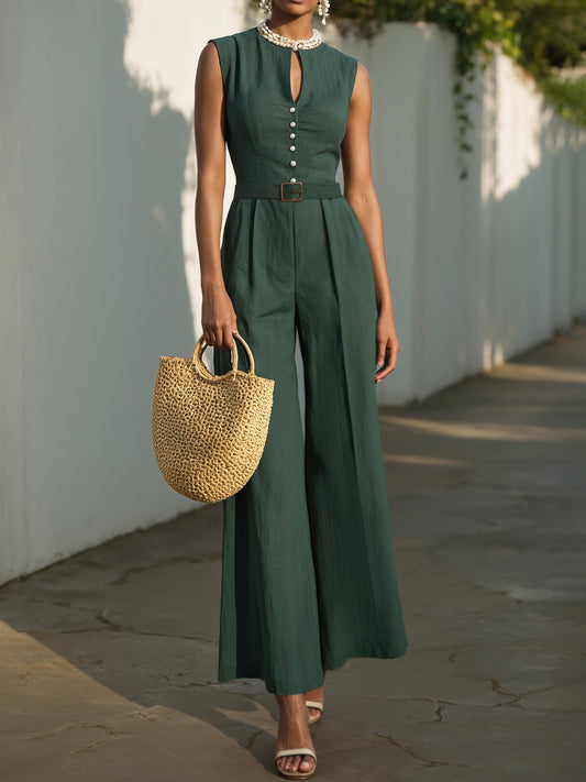Linen Jumpsuit , Sleeveless, V Neck, Plain, Button Design, Vintage, Green