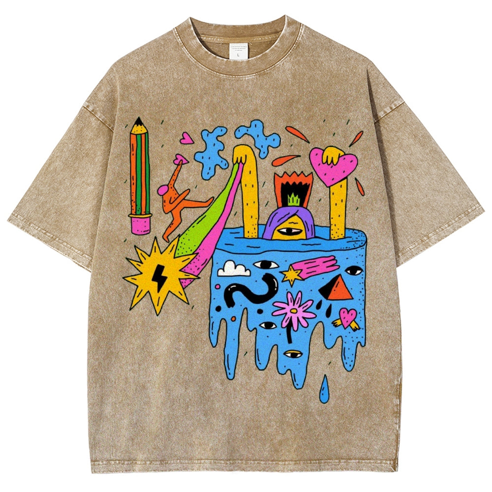 Unisex Abstract Art Eyes Printed Washed Tee