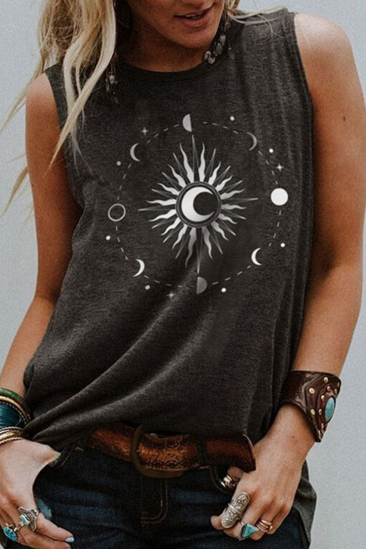 Vintage Sun And Moon Print Sleeveless Tank Top