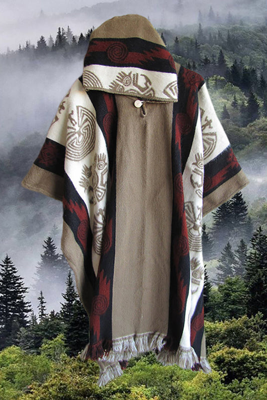 Ethnic Tribal Totem White Khaki Knitted Cape